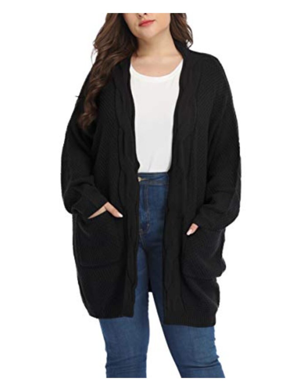 Oversized Long Cable Knit Cardigan Sweater with Patch Pockets Plus Size